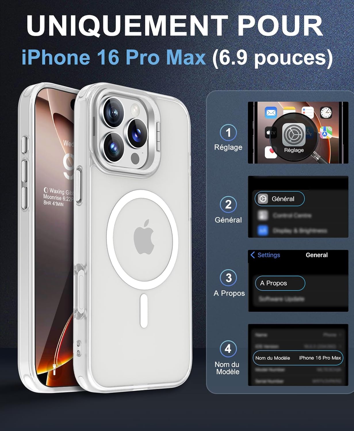 iPhone 16 Pro Max Case, Compatible with MagSafe, Camera Protection Case [Metal Kickstand+2 Screen Protection] Military Protection, Scratch Resistant, Translucent Black