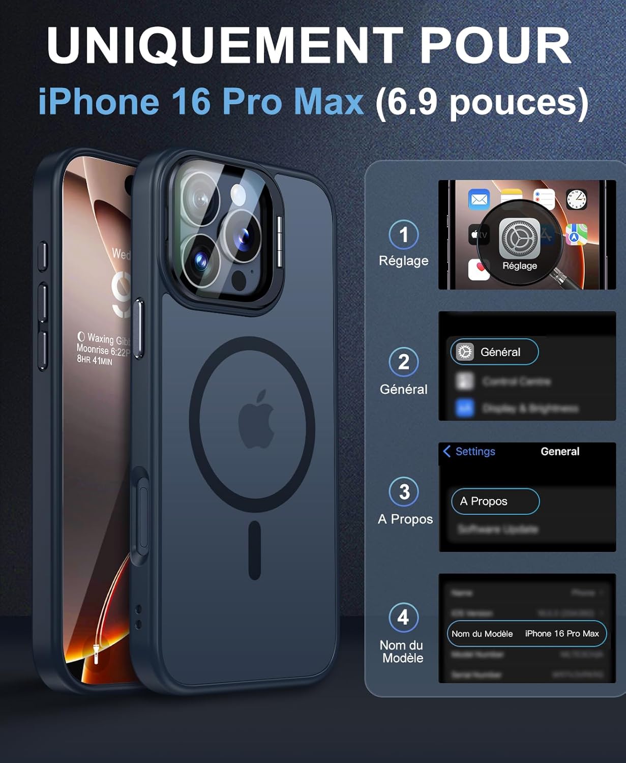 iPhone 16 Pro Max Case, Compatible with MagSafe, Camera Protection Case [Metal Kickstand+2 Screen Protection] Military Protection, Scratch Resistant, Translucent Black