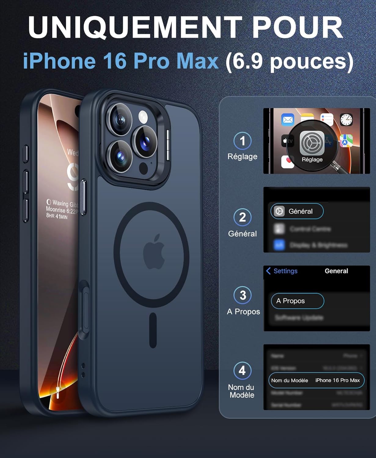 iPhone 16 Pro Max Case, Compatible with MagSafe, Camera Protection Case [Metal Kickstand+2 Screen Protection] Military Protection, Scratch Resistant, Translucent Black