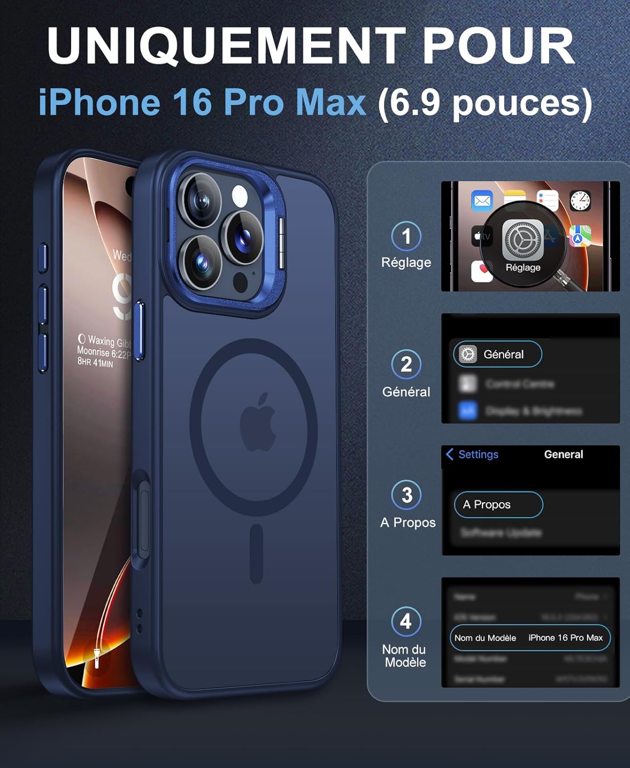 iPhone 16 Pro Max Case, Compatible with MagSafe, Camera Protection Case [Metal Kickstand+2 Screen Protection] Military Protection, Scratch Resistant, Translucent Black